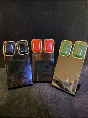 Set of Three Resin Stud Earrings - Onyx, Jade, and Red-Orange Tones